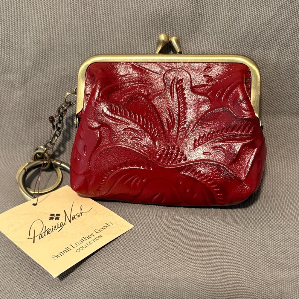 NWT Patricia Nash Leather Small Tooled Kiss lock Coin Purse Charm In Ruby Red